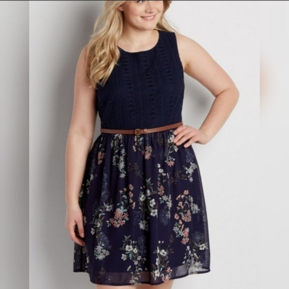*FLASH SALE* Maurices Crochet Floral Chiffon Dress Navy Minus Belt
